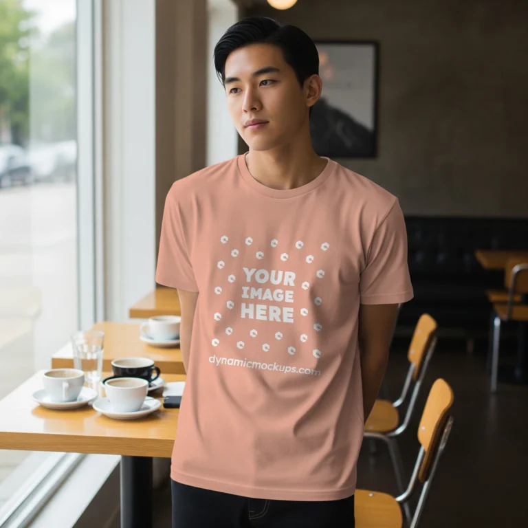 Boy Wearing Peach T-shirt Mockup Front View Template