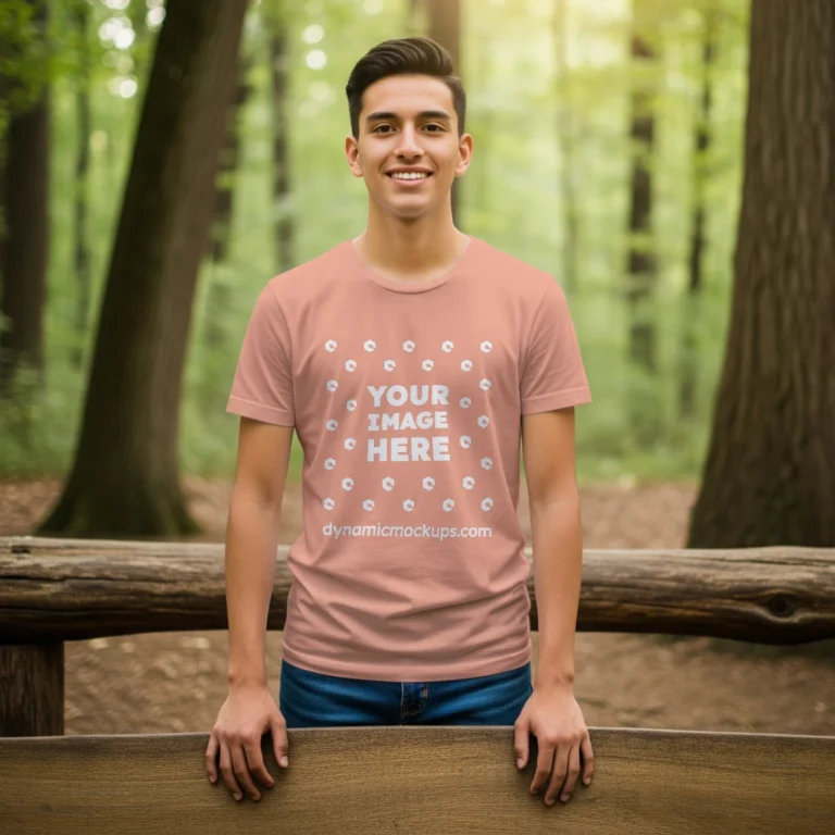 Boy Wearing Peach T-shirt Mockup Front View Template