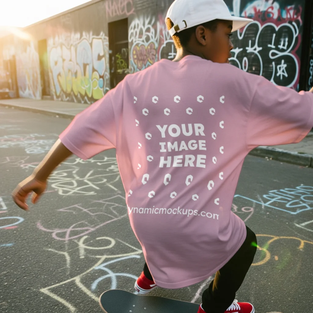 Boy Wearing Pink T-shirt Mockup Back View Template