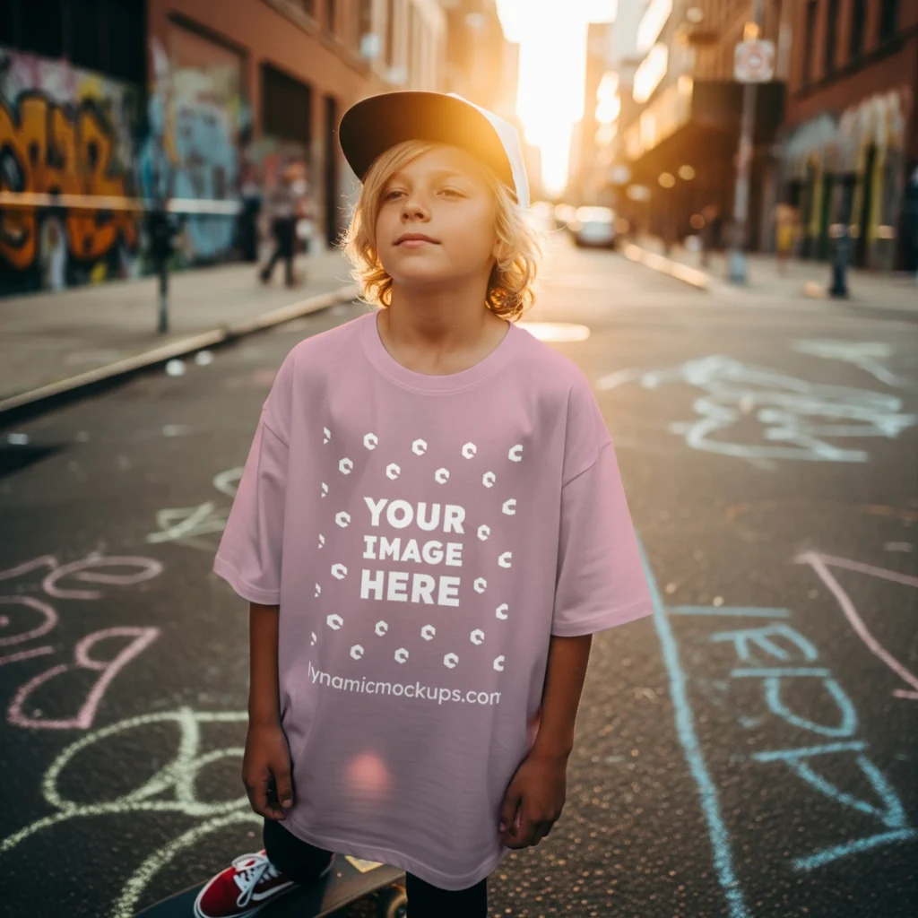 Boy Wearing Pink T-shirt Mockup Front View Template