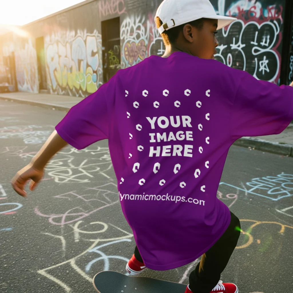 Boy Wearing Purple T-shirt Mockup Back View Template