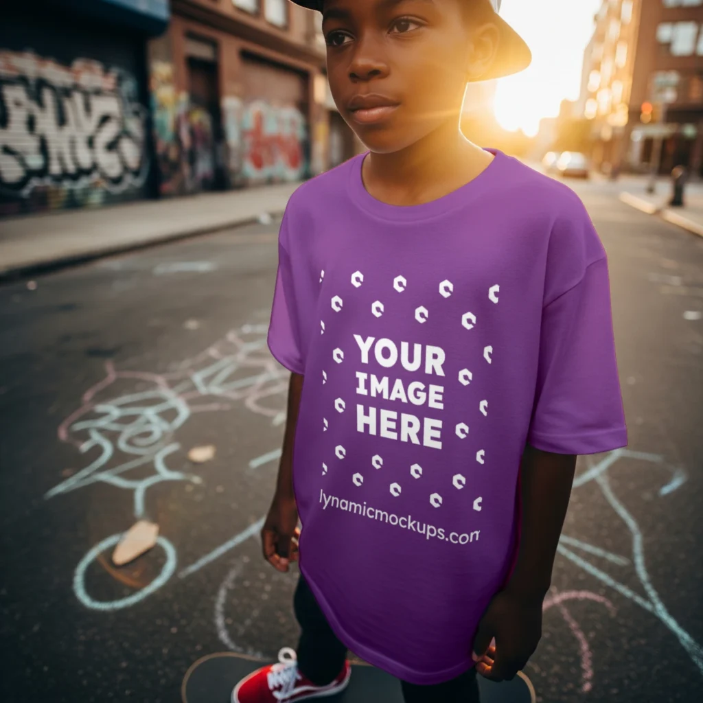Boy Wearing Purple T-shirt Mockup Front View Template