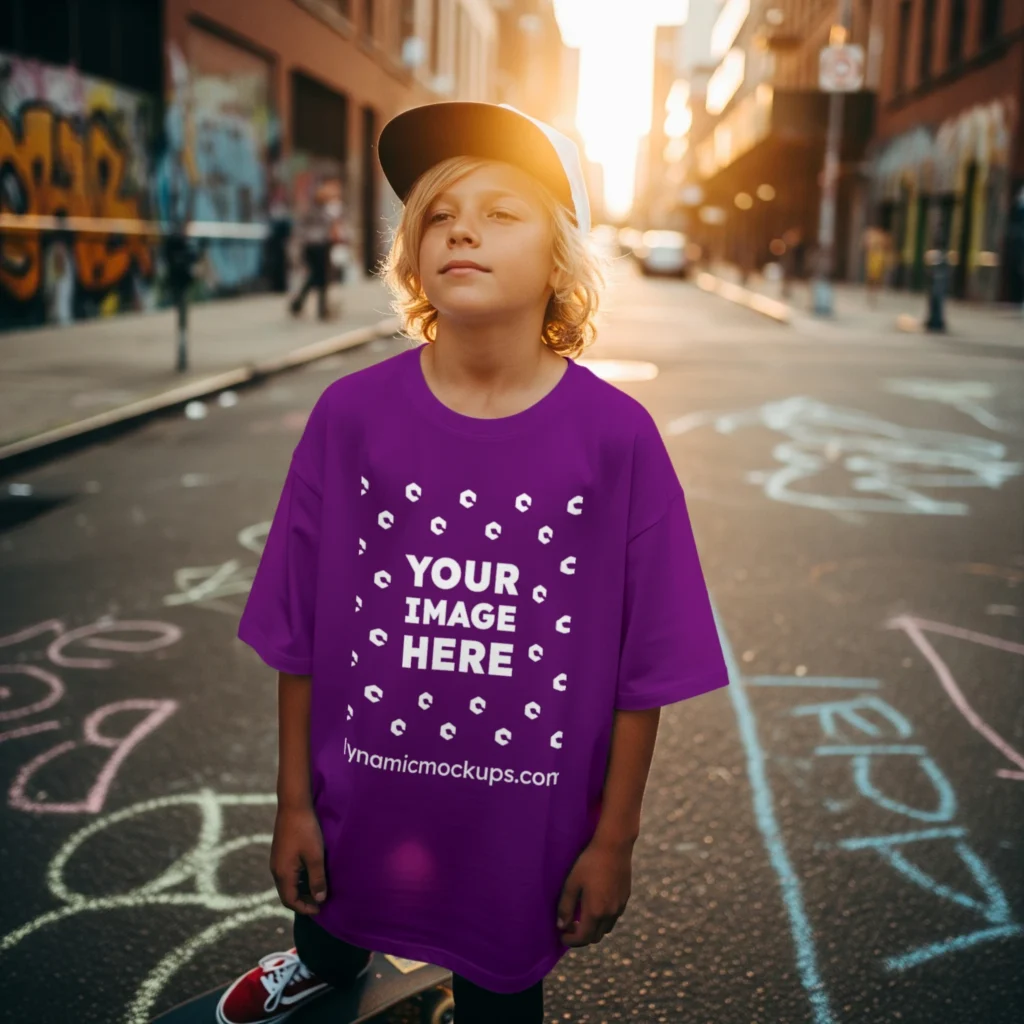 Boy Wearing Purple T-shirt Mockup Front View Template
