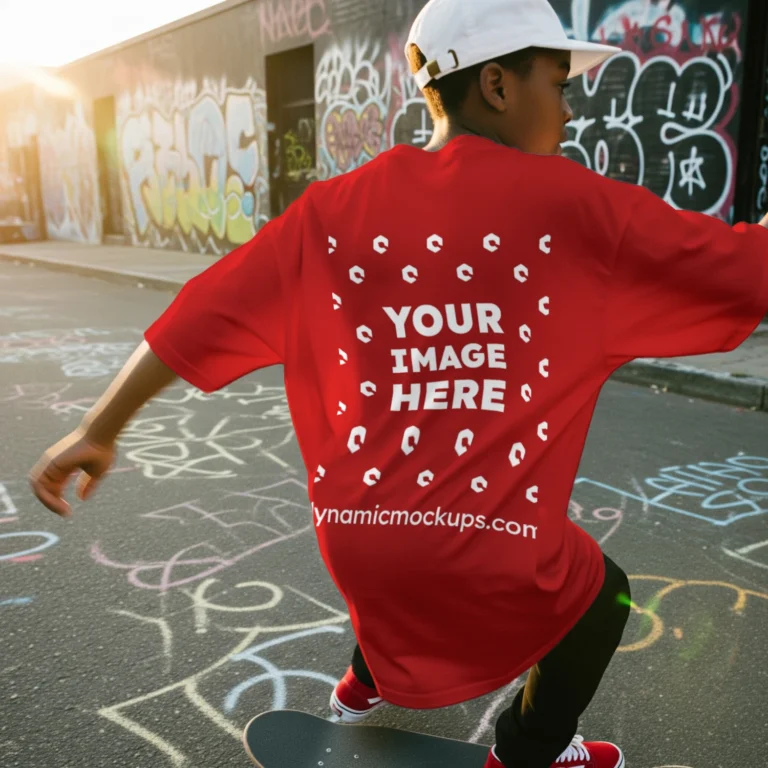 Boy Wearing Red T-shirt Mockup Back View Template