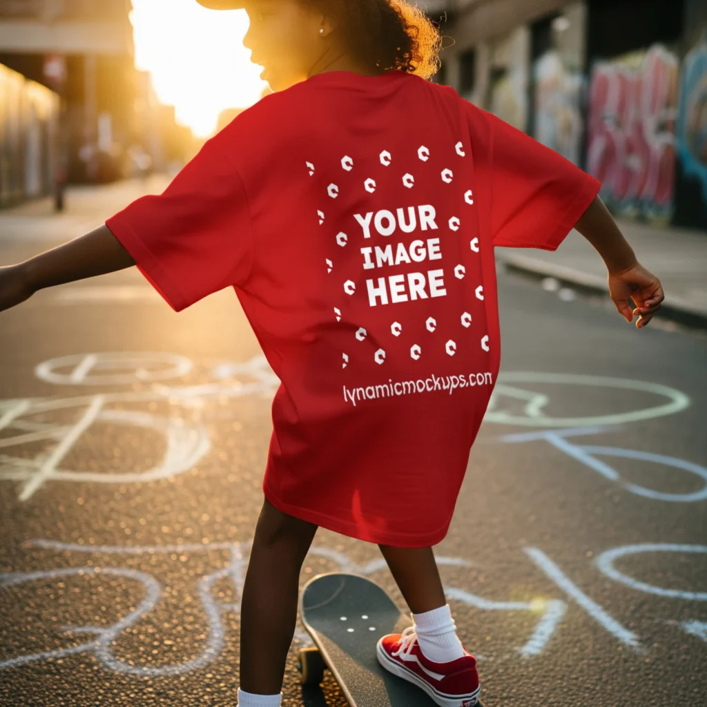 Boy Wearing Red T-shirt Mockup Back View Template