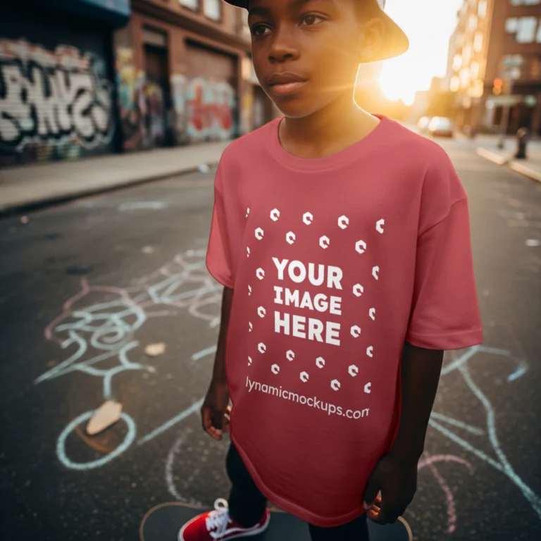 Boy Wearing Red T-shirt Mockup Front View Template