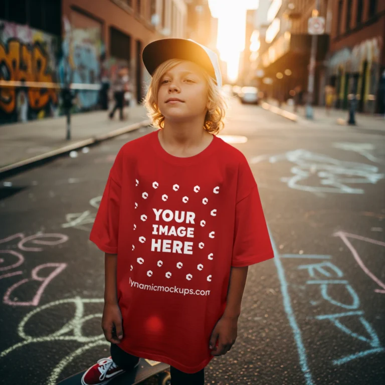Boy Wearing Red T-shirt Mockup Front View Template