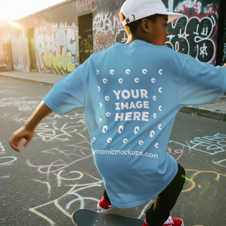Boy Wearing Sky Blue T-shirt Mockup Back View Template