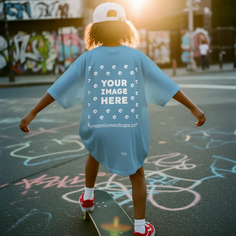 Boy Wearing Sky Blue T-shirt Mockup Back View Template