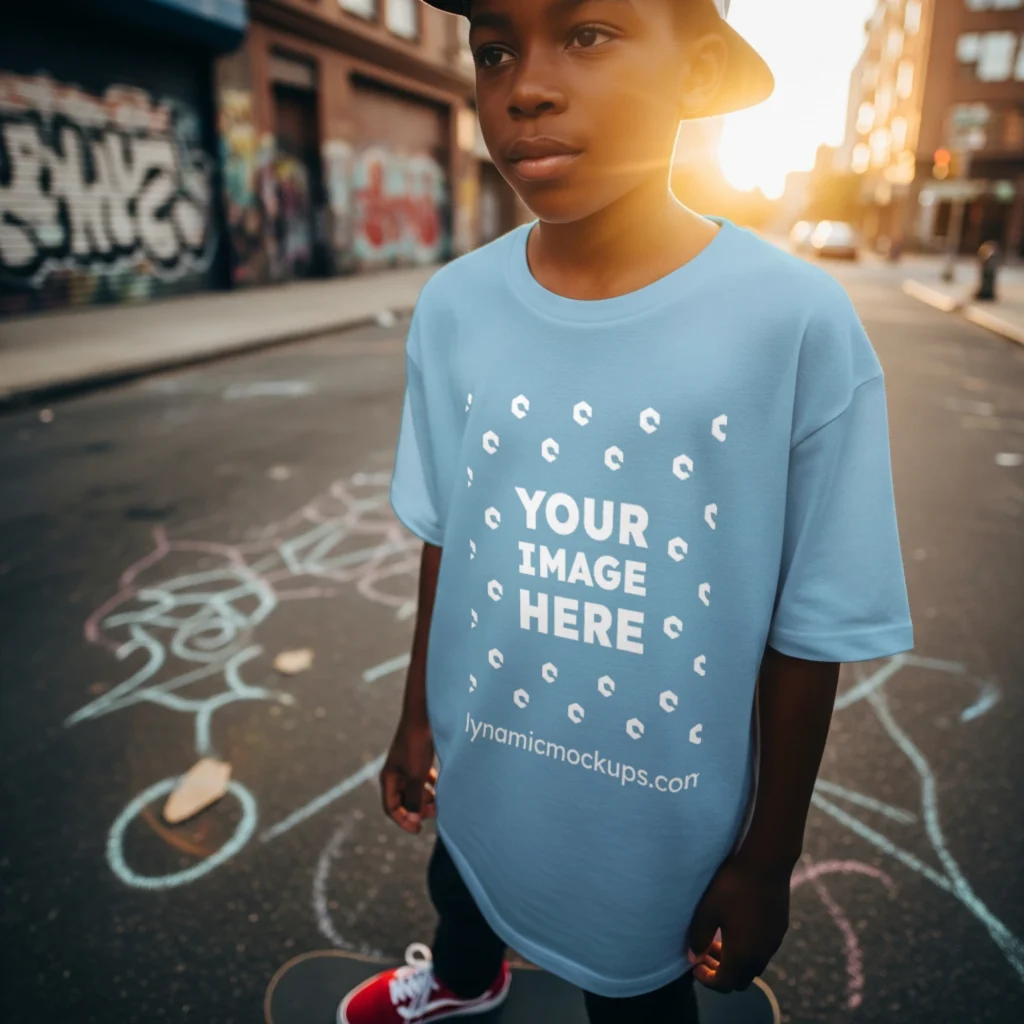 Boy Wearing Sky Blue T-shirt Mockup Front View Template