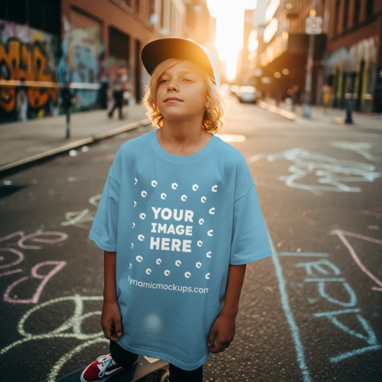 Boy Wearing Sky Blue T-shirt Mockup Front View Template