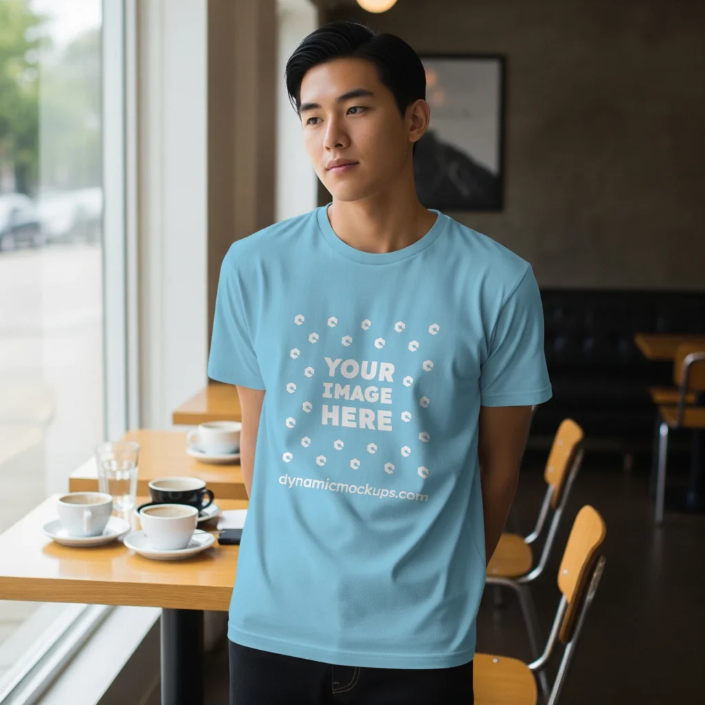 Boy Wearing Sky Blue T-shirt Mockup Front View Template