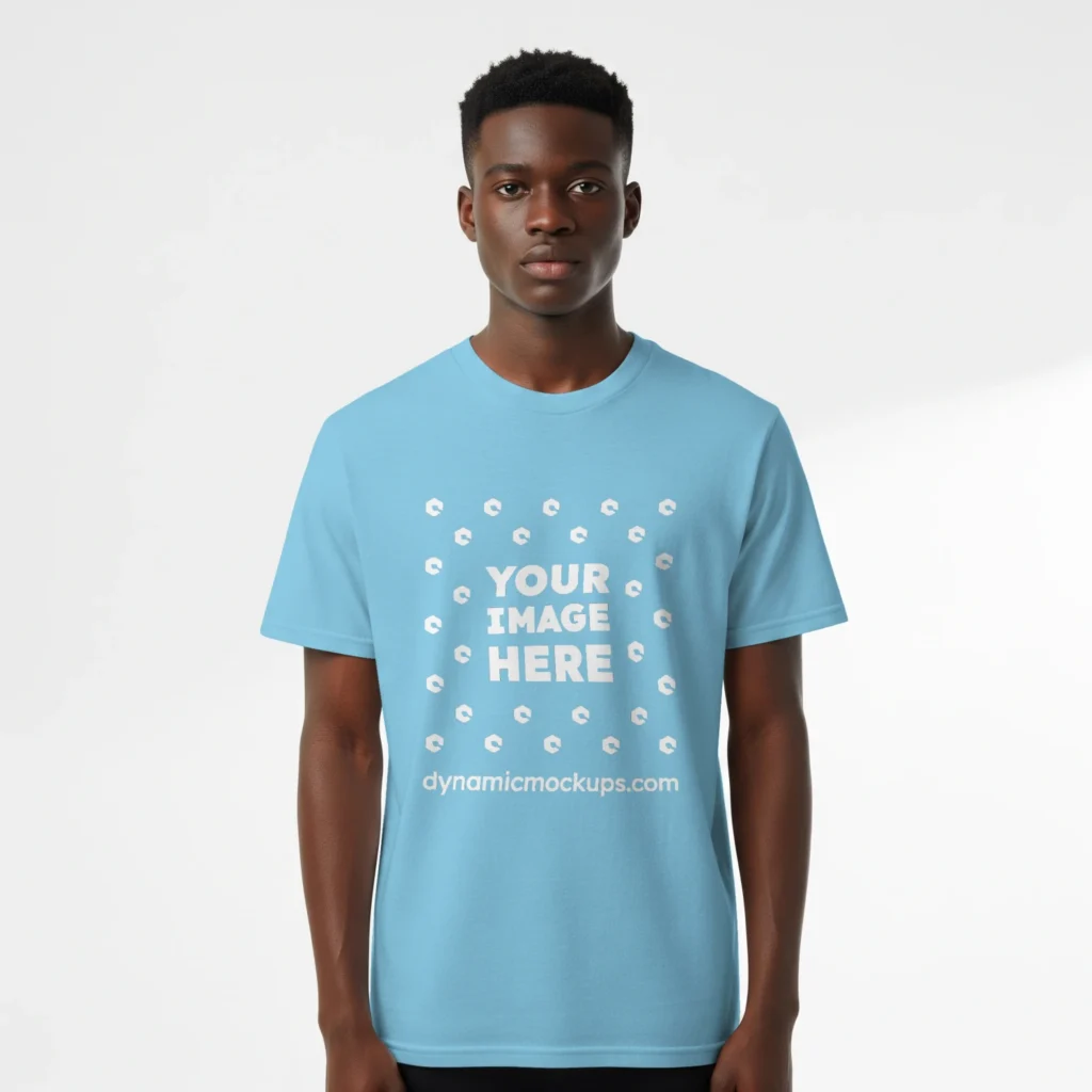 Boy Wearing Sky Blue T-shirt Mockup Front View Template