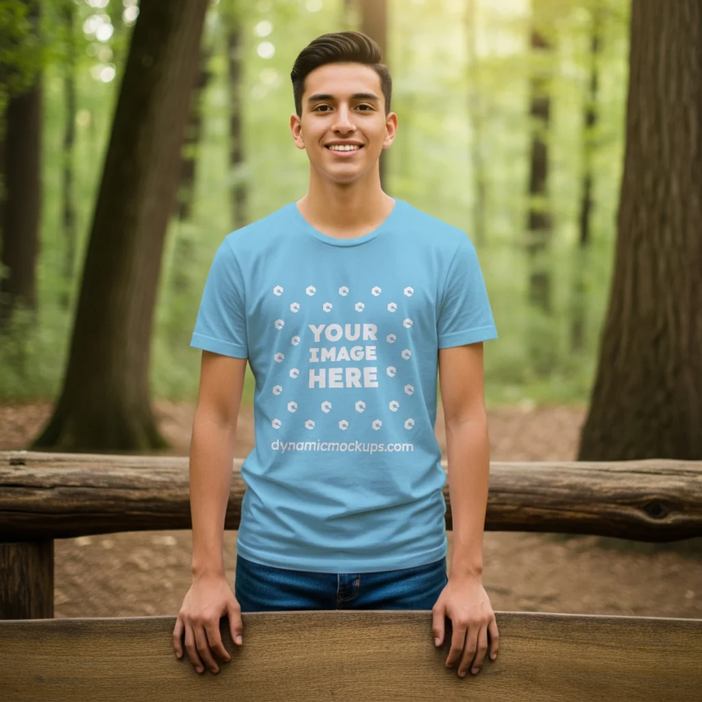 Boy Wearing Sky Blue T-shirt Mockup Front View Template