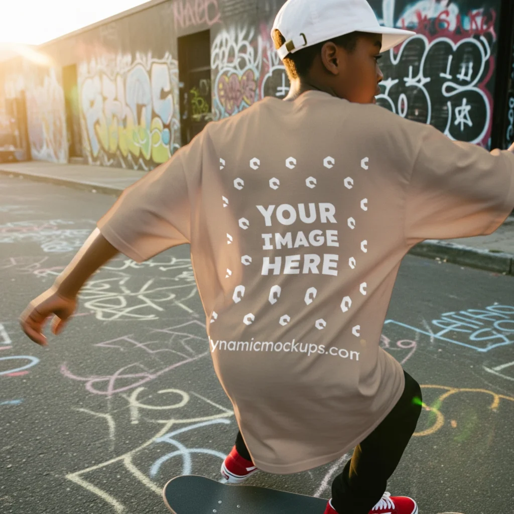 Boy Wearing Tan T-shirt Mockup Back View Template