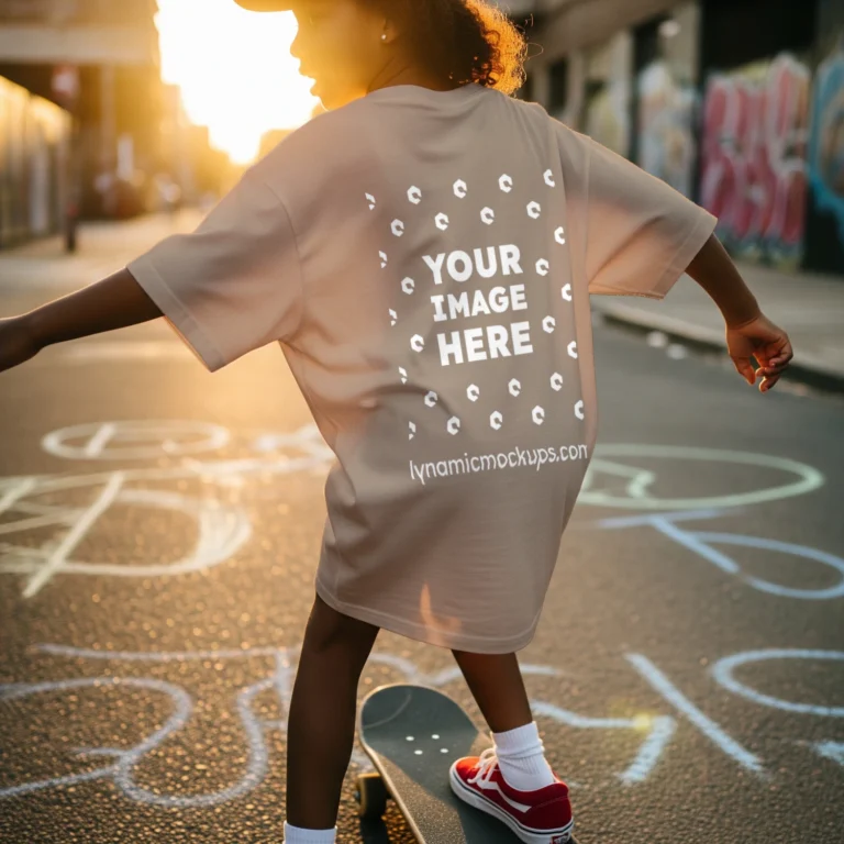 Boy Wearing Tan T-shirt Mockup Back View Template