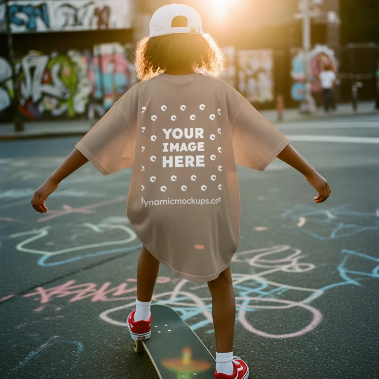 Boy Wearing Tan T-shirt Mockup Back View Template