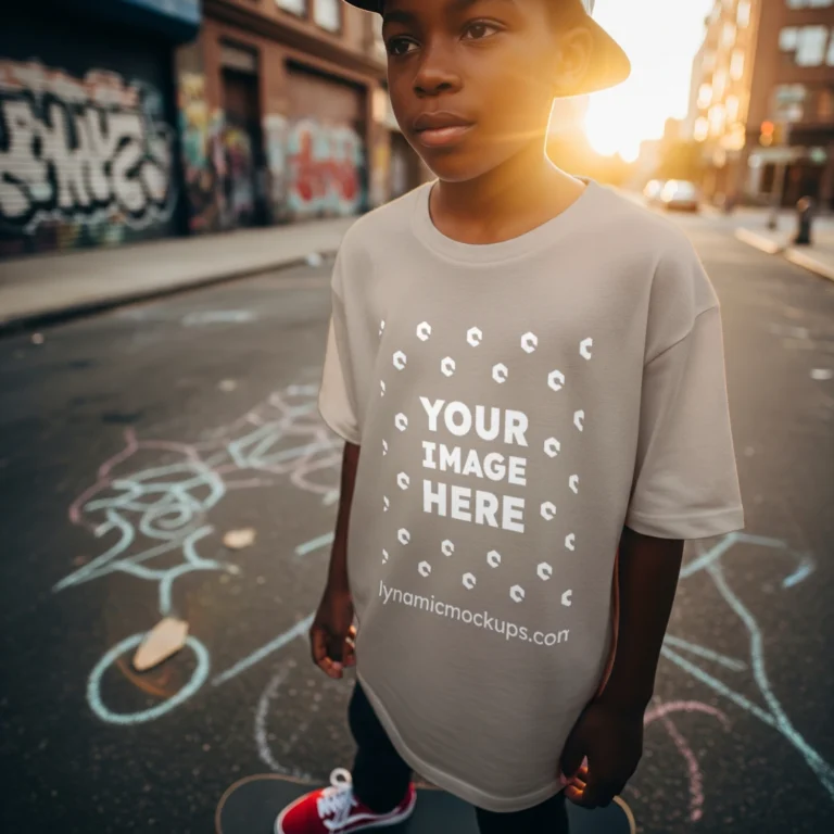 Boy Wearing Tan T-shirt Mockup Front View Template