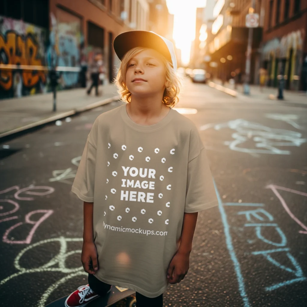 Boy Wearing Tan T-shirt Mockup Front View Template
