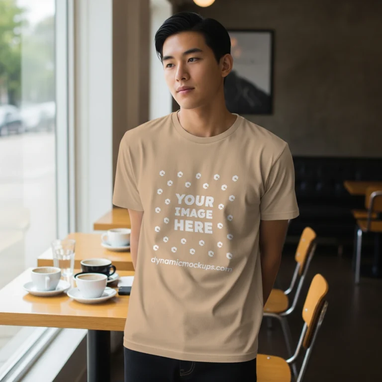 Boy Wearing Tan T-shirt Mockup Front View Template