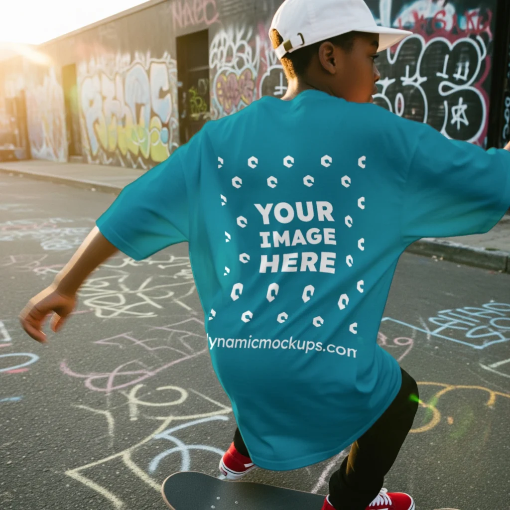 Boy Wearing Teal T-shirt Mockup Back View Template
