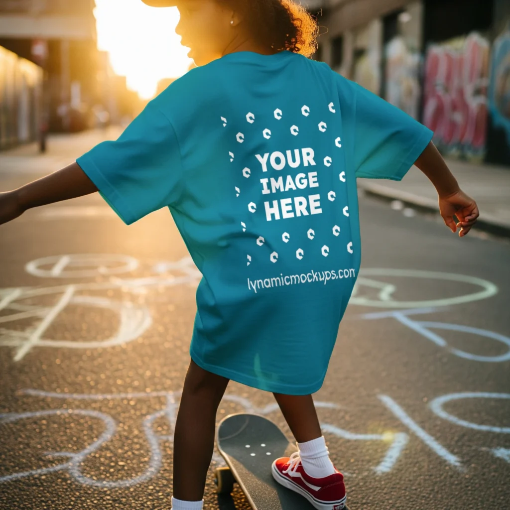 Boy Wearing Teal T-shirt Mockup Back View Template