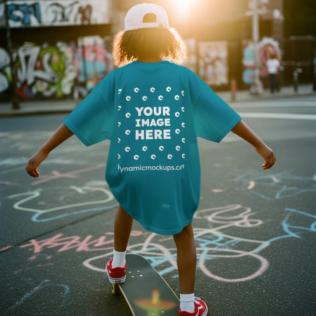 Boy Wearing Teal T-shirt Mockup Back View Template