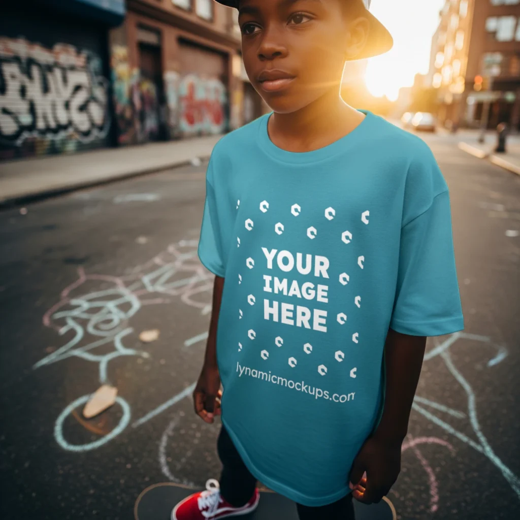 Boy Wearing Teal T-shirt Mockup Front View Template