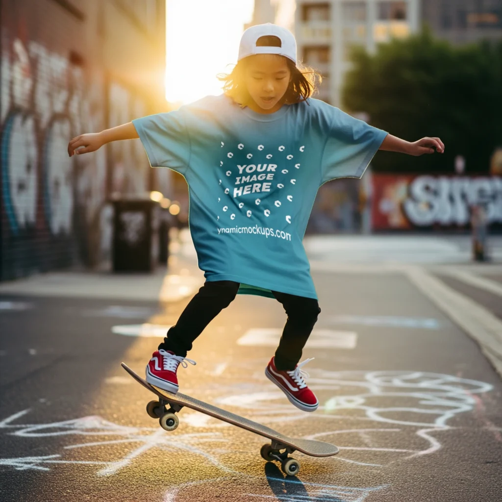 Boy Wearing Teal T-shirt Mockup Front View Template