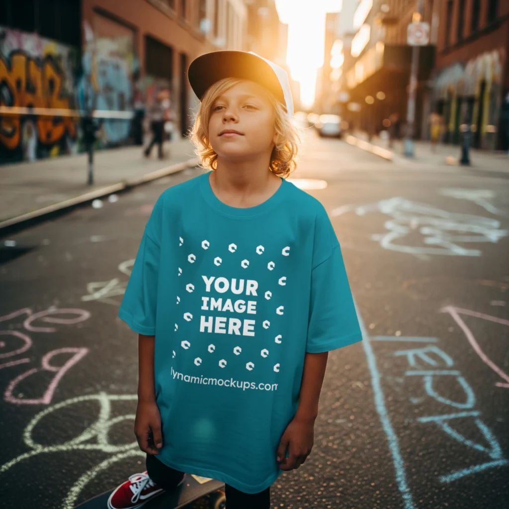 Boy Wearing Teal T-shirt Mockup Front View Template