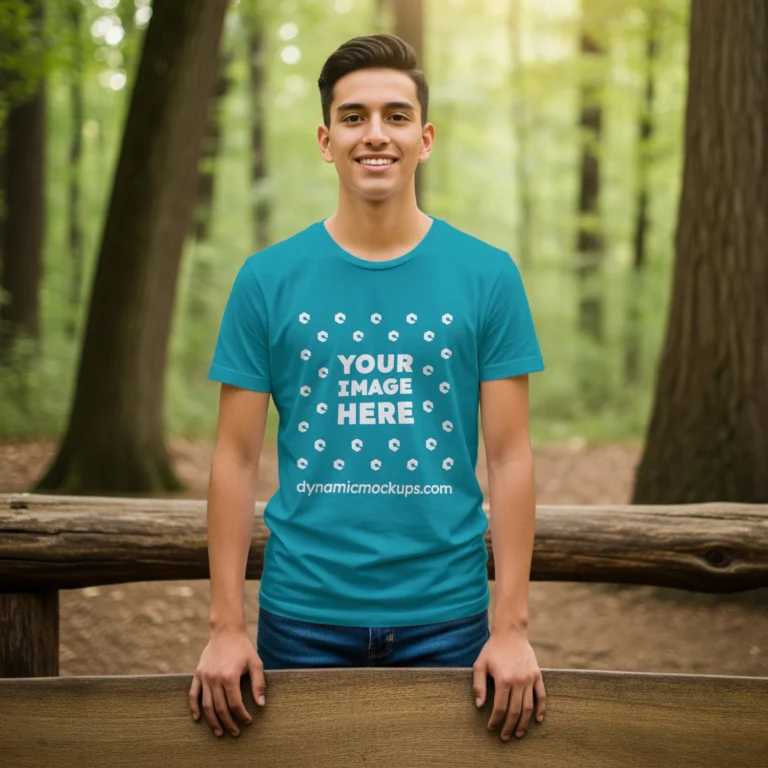 Boy Wearing Teal T-shirt Mockup Front View Template
