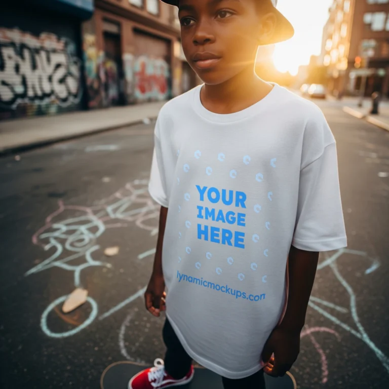 Boy Wearing White T-shirt Mockup Front View Template