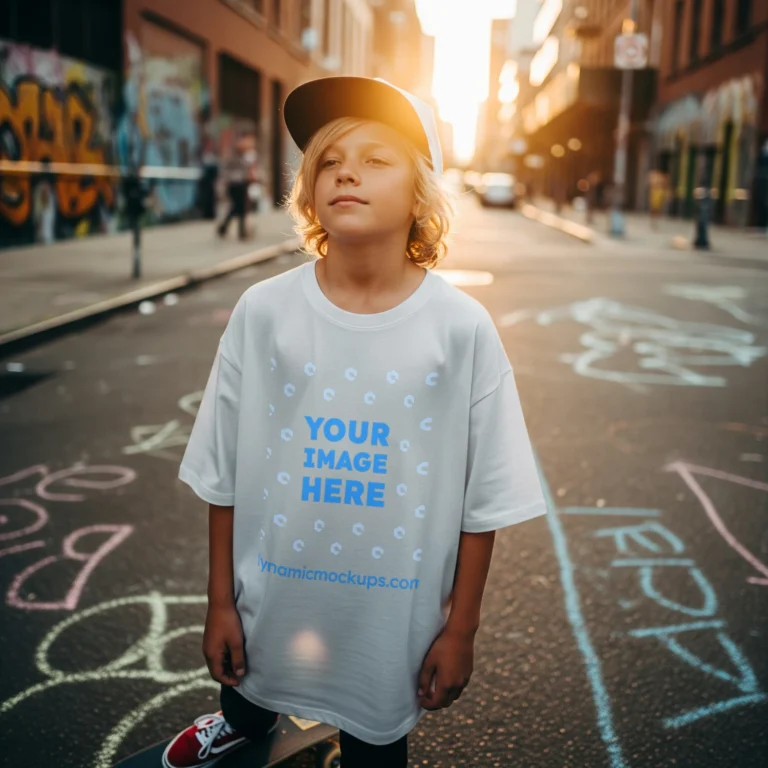 Boy Wearing White T-shirt Mockup Front View Template