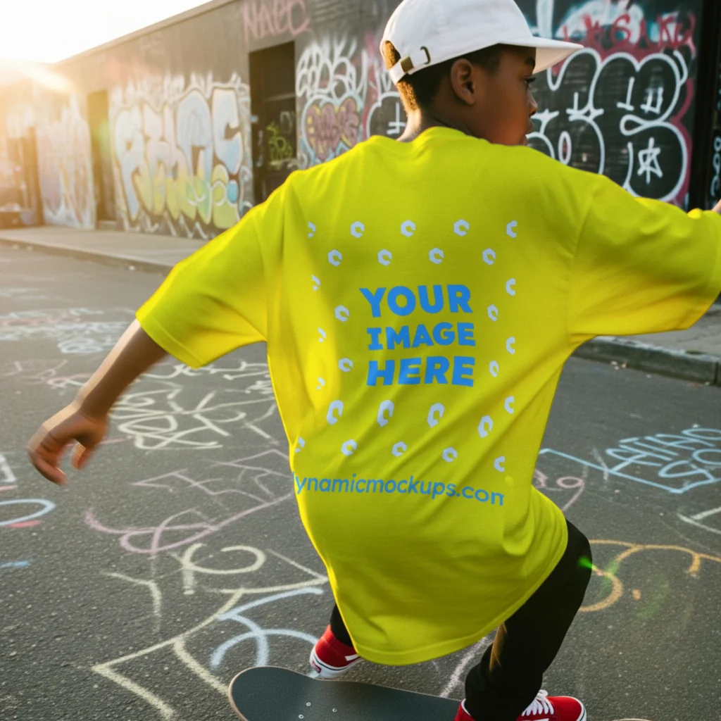 Boy Wearing Yellow T-shirt Mockup Back View Template