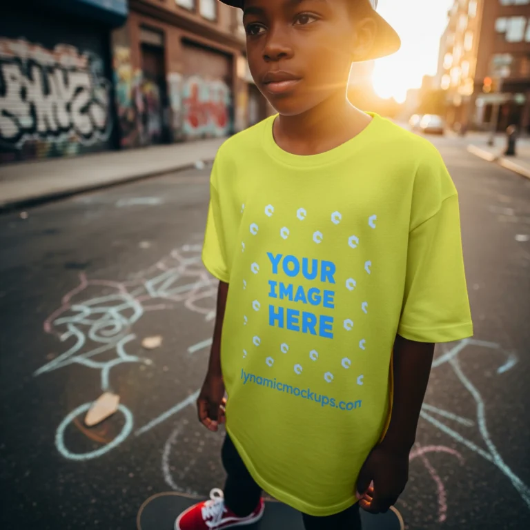 Boy Wearing Yellow T-shirt Mockup Front View Template