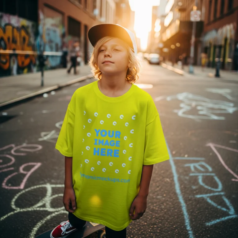 Boy Wearing Yellow T-shirt Mockup Front View Template