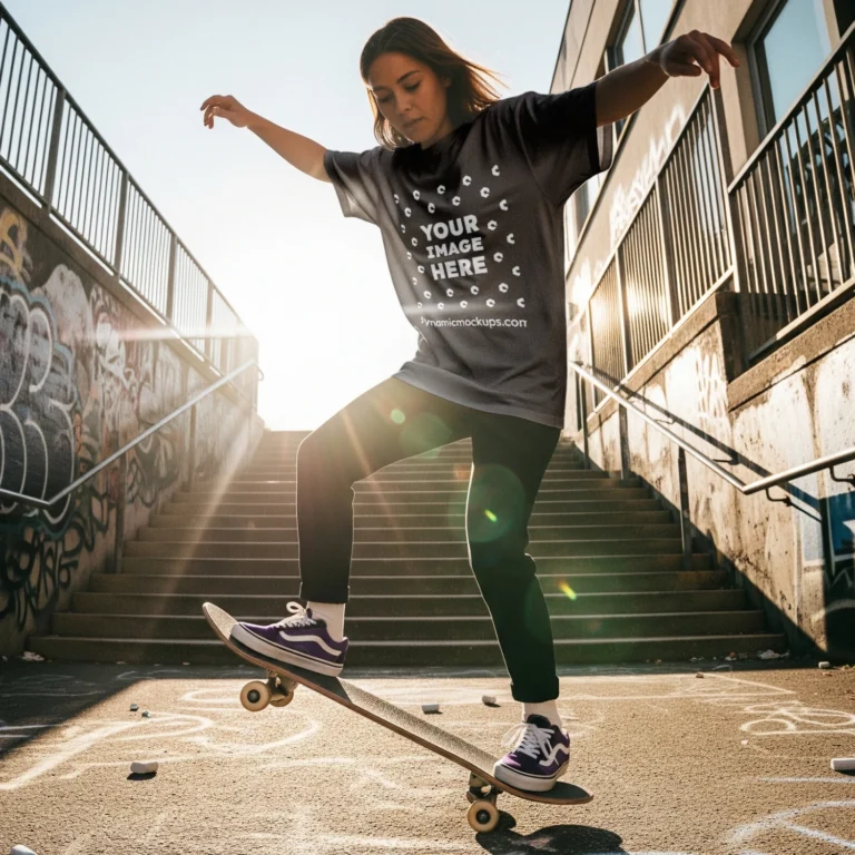 Girl Wearing Black T-shirt Mockup Front View Template