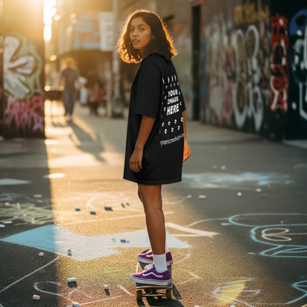 Girl Wearing Black T-shirt Mockup Back View Template