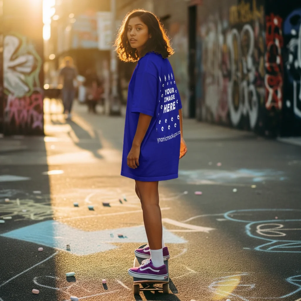 Girl Wearing Blue T-shirt Mockup Back View Template
