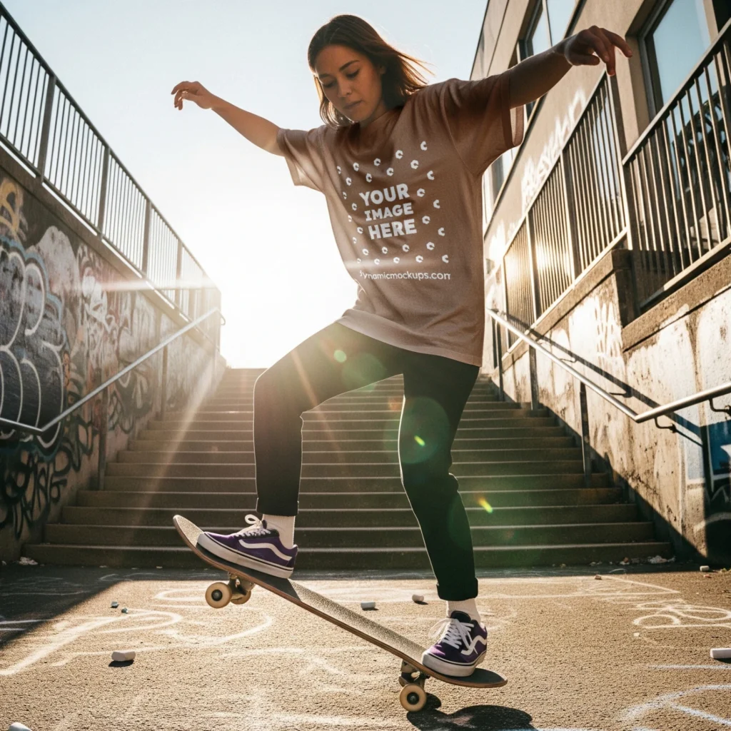 Girl Wearing Brown T-shirt Mockup Front View Template