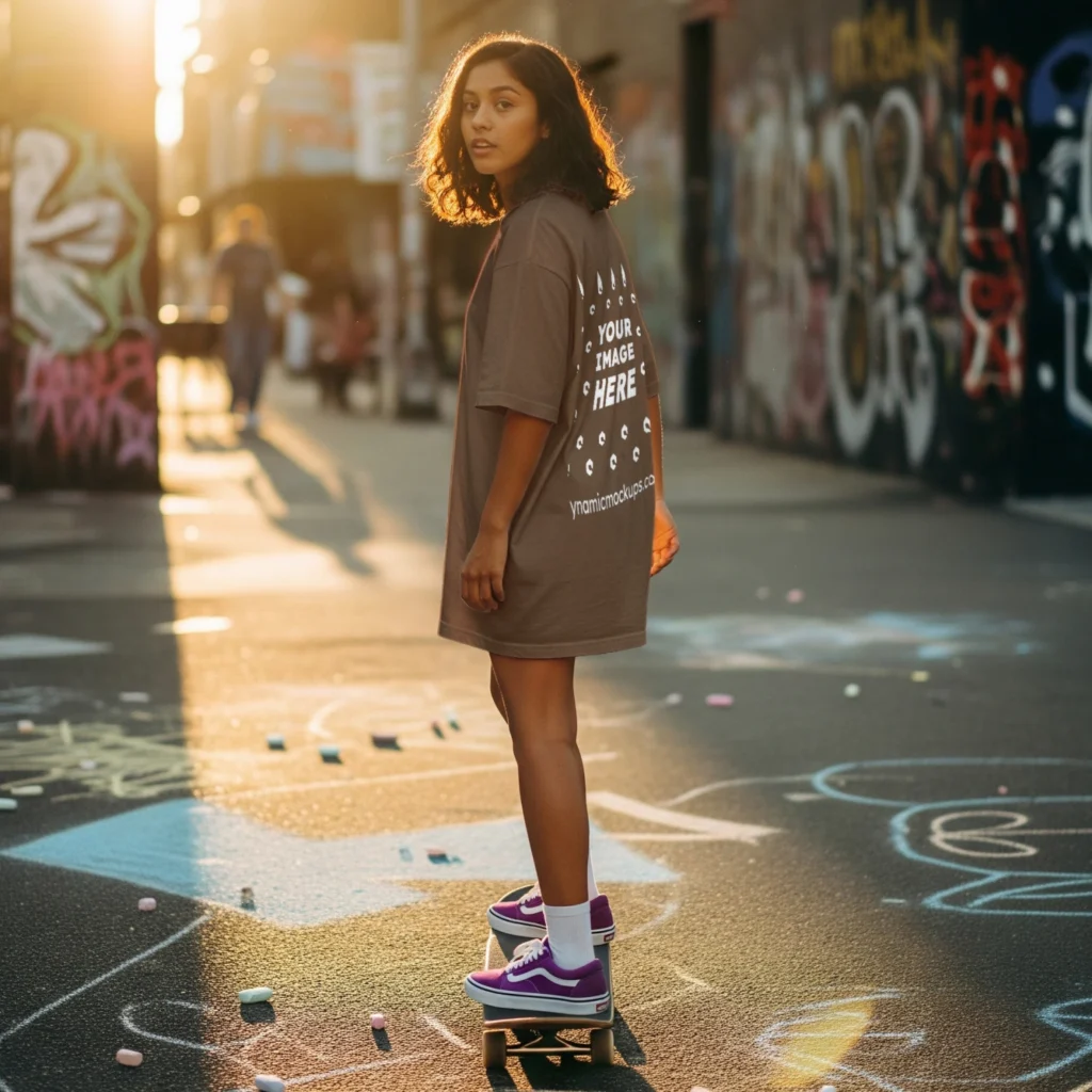 Girl Wearing Brown T-shirt Mockup Back View Template