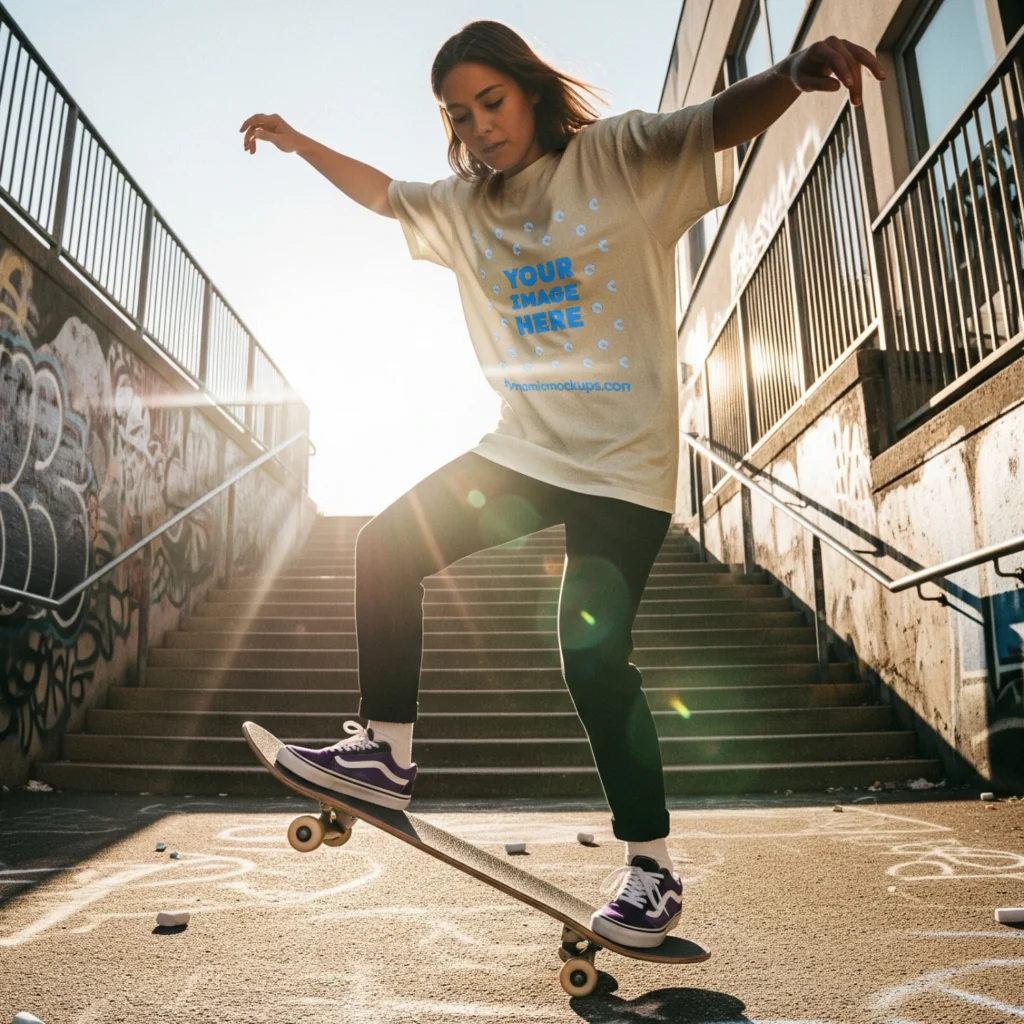 Girl Wearing Cream T-shirt Mockup Front View Template