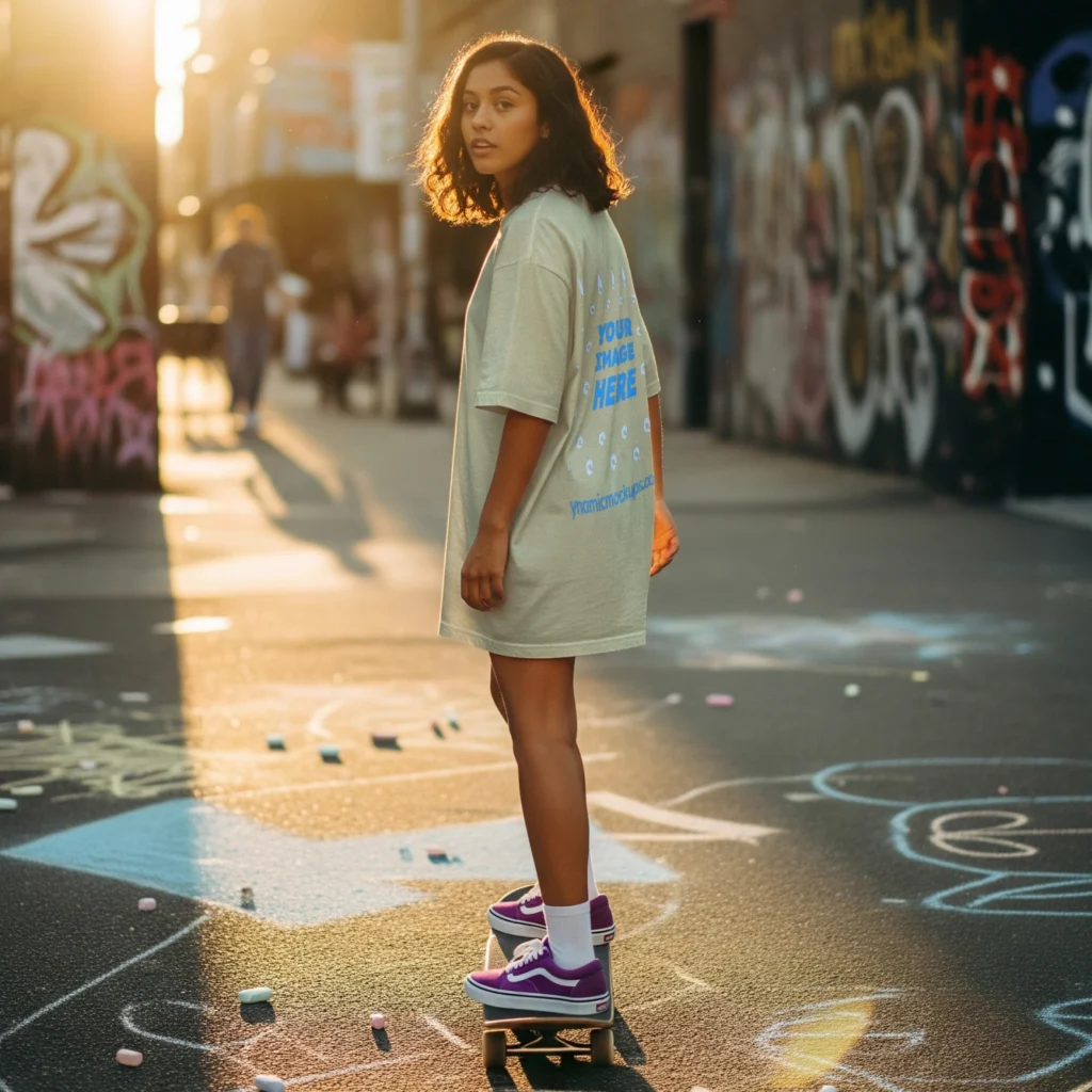 Girl Wearing Cream T-shirt Mockup Back View Template