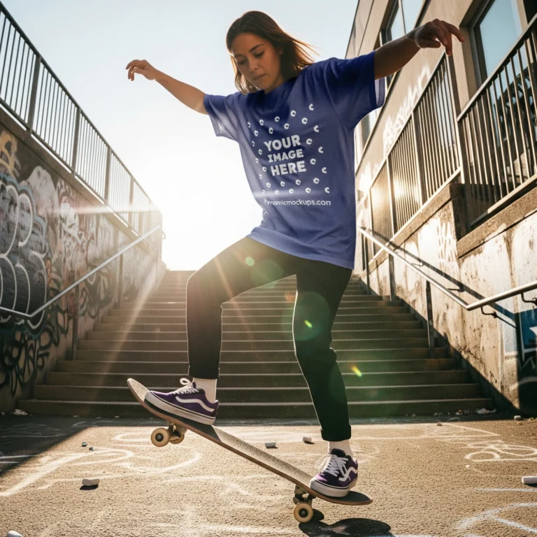 Girl Wearing Dark Blue T-shirt Mockup Front View Template