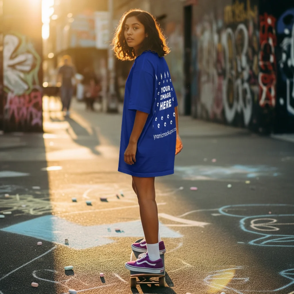 Girl Wearing Dark Blue T-shirt Mockup Back View Template