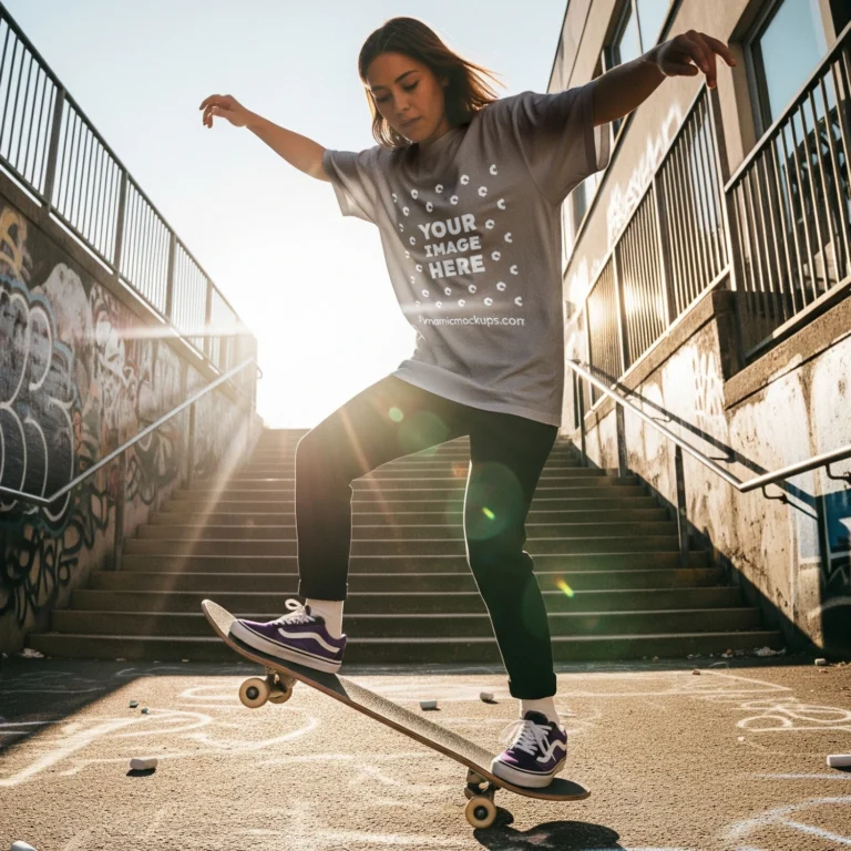 Girl Wearing Gray T-shirt Mockup Front View Template