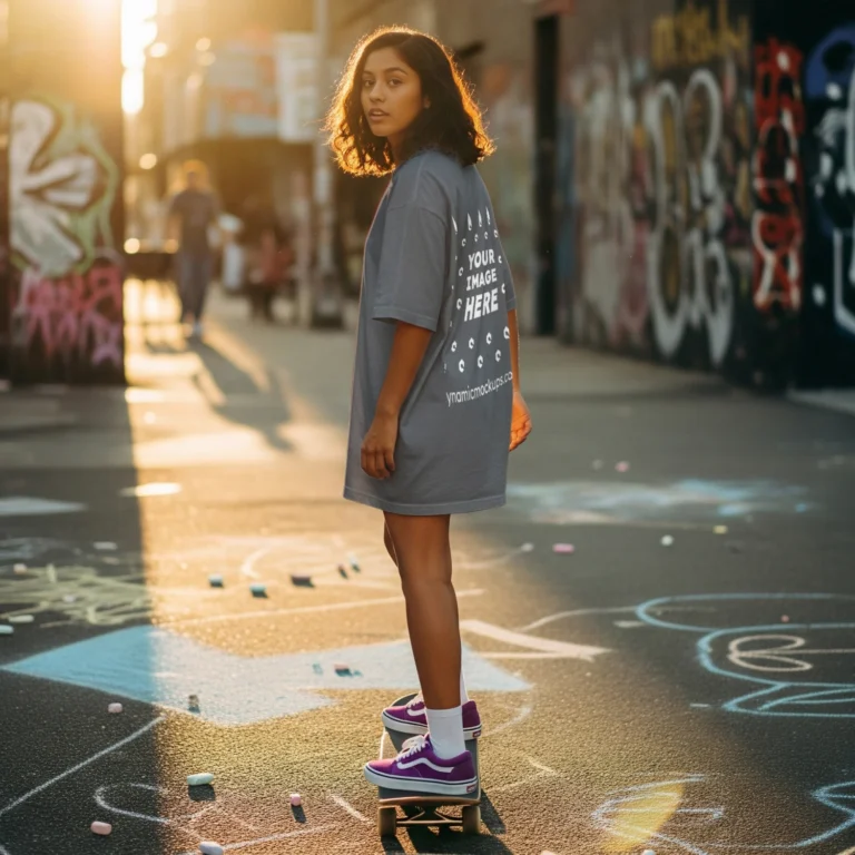 Girl Wearing Gray T-shirt Mockup Back View Template