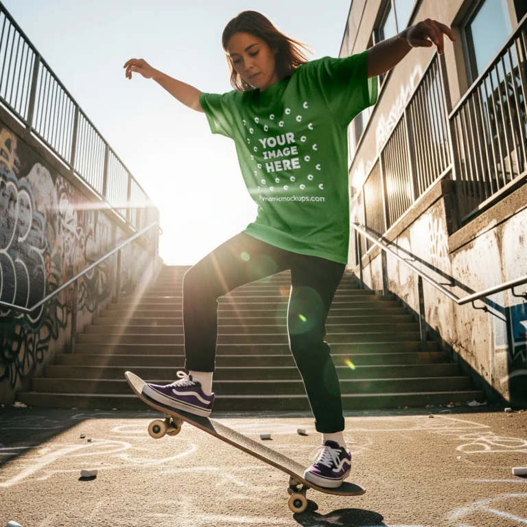 Girl Wearing Green T-shirt Mockup Front View Template
