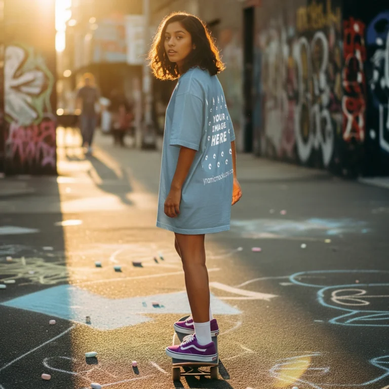 Girl Wearing Light Blue T-shirt Mockup Back View Template