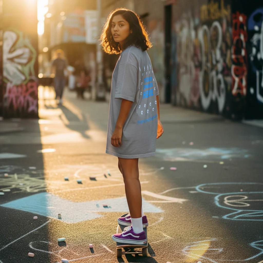 Girl Wearing Light Gray T-shirt Mockup Back View Template
